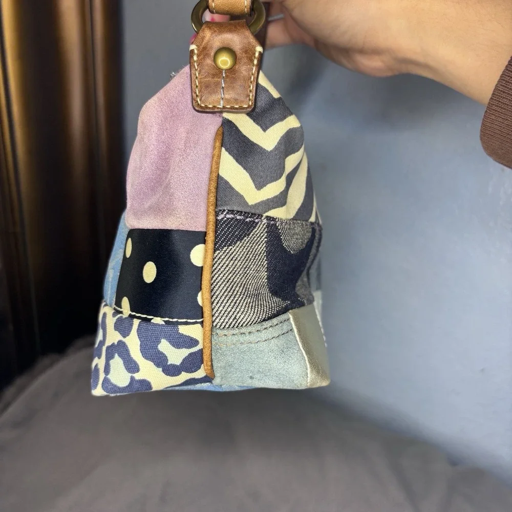 Vtg Coach Patchwork Denim Blue Brown Multicolor Shoulder Bag Leather Handle
